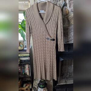 Calvin Klein Faux Wrap Cable Knit Sweater Dress. Brown